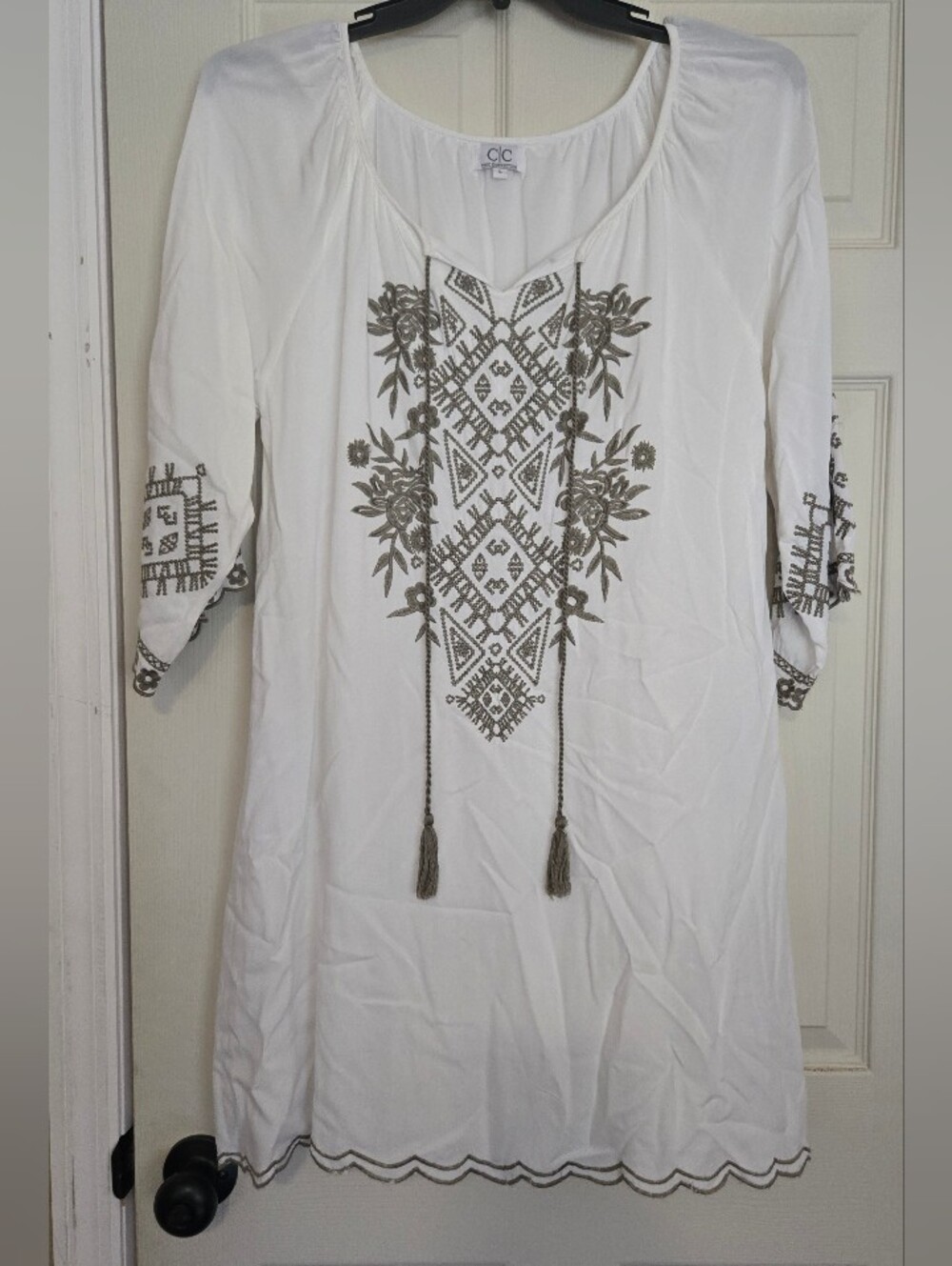 C&C California White Tunic with Gray Embroidered Front & Tassels